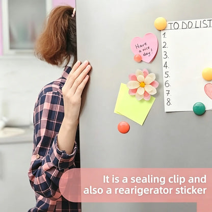 Magnetic Food Sealing Clips Set (10 Bag Clips + 1 Magnetic Base) - Decorative Lotus Clips for Snacks, Bread, and Pet Food Storage, Ideal for Fridge Organization and Kitchen Gifts