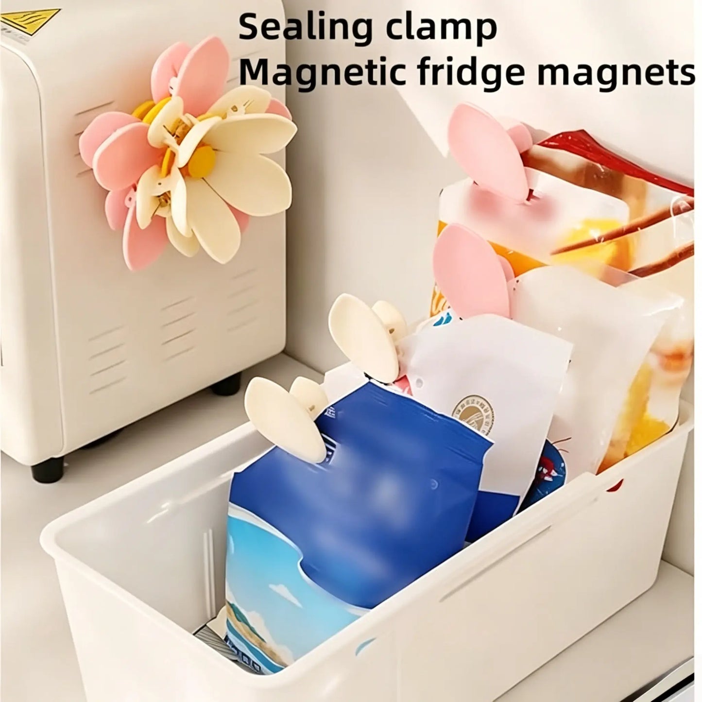 Magnetic Food Sealing Clips Set (10 Bag Clips + 1 Magnetic Base) - Decorative Lotus Clips for Snacks, Bread, and Pet Food Storage, Ideal for Fridge Organization and Kitchen Gifts