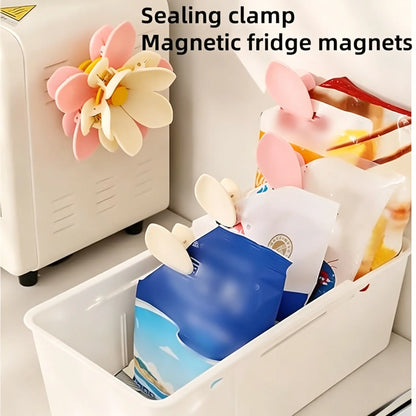 Magnetic Food Sealing Clips Set (10 Bag Clips + 1 Magnetic Base) - Decorative Lotus Clips for Snacks, Bread, and Pet Food Storage, Ideal for Fridge Organization and Kitchen Gifts